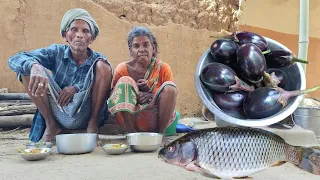 80years old grandma cooking FISH CURRY with BRINJAL and eating with hot rice || village life india