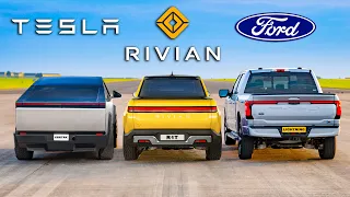 Tesla Cybertruck v Rivian R1T v F-150 Lightning: 0-60 & 1/4-mile TESTED!