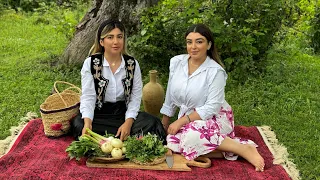 Cooking a Mix of Meat and Vegetables / Spinach and Strawberry Salad  in the Forest on a Rainy Day