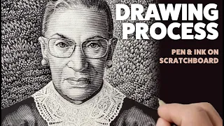 Drawing Process of a Ruth Bader Ginsburg Portrait with Pen & Ink on Scratchboard