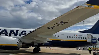 Ryanair 737 departing from Stanstead airport to Madrid, waiting outside the plane for boarding.