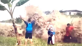 Insane! Man beats hell out of palm tree before getting swamped by tsunami!