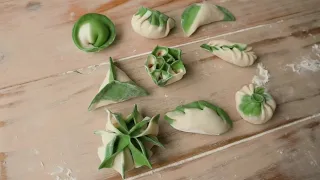 9 ways to fold dumplings - 만두 빚기 9홉가지 모양 - green tea matcha marble, gyoza, flower dumpling