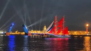 The Peak of White Nights in St Petersburg. Scarlet Sails Rehearsal. Night Boat Tour under Bridges