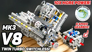 Lego Technic MK3 V8 Pneumatic Engine - 10x More Power! 1500 RPM! LPE MOC + 6 SPEED Gearbox Test