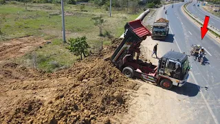 Interesting New Project Land Filling Next to the national road Skill Operator Bulldozer Pushing Soil