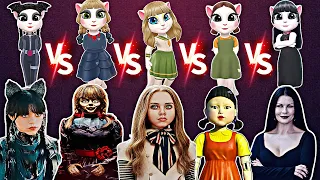 WEDNESDAY ADDAMS VS ANNABELLE DOLL VS M3GAN DOLL VS SQUID GAME DOLL VS MORTICIA ADDAMS VS ANGELA 😍🤗😱