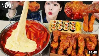 ASMR MUKBANG SPICY CHEESE TTEOKBOKKI, HONEY SOY SAUCE CHICKEN, GIMBAP, CHEESE STICK EATING