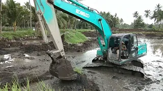 Leveling agricultural land with an excavator.