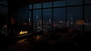 New York Night City | Rainy Calm Nighttime Ambience | Sleep Focus Chill Relax - Fireplace
