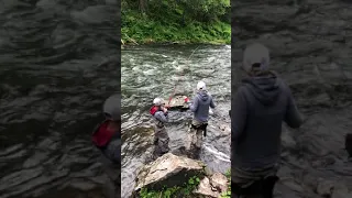 Cade reeling in a Red Salmon on the Russian River in Cooper Landing, Alaska