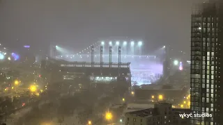 Progressive Field turns on the lights for the snow on February 26, 2020