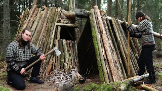 Building a PRIMITIVE Bushcraft Log Cabin - Fireplace Inside - Cozy Winter-Warm Shelter