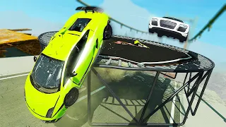 LAMBORGHINI Jumps Over Collapsed Bridge Onto TRAMPOLINE - BeamNG Drive Multiplayer Mod (Crashes)