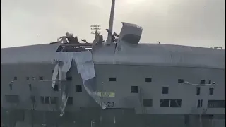 Parts of the roof of the stadium of ADO Den Haag is getting blown off by storm Eunice