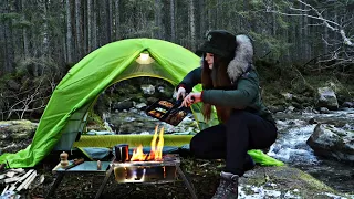 Solo wild Camping & Fire Cooking near the mountain river | ASMR outdoor overnight trip