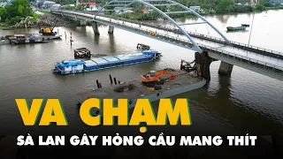 Sà lan va gây hư hỏng nặng cầu Mang Thít, cấm một số loại ô tô chạy qua cầu