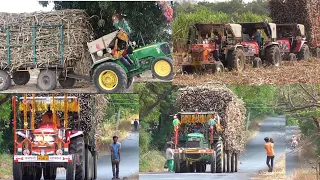 Arjun mahidra 555 & John deer  pulling sugarcane loaded two trolly #heavy loaded sugarcane traler