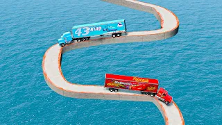 Mack Truck vs King Dinoco Truck vs Impossible Spiral Bridge Vs Deep Water - BeamNG.Drive