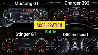 Mustang GT vs stinger GT vs Charger 392 vs Infiniti q50 red sport acceleration battle