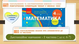 Узагальнюємо знання про арифметичні дії з числами. Математика, 4 клас. І частина. Дистанційна робота