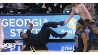 Georgia State coach Ron Hunter falls off his chair