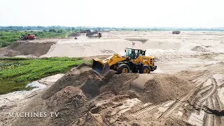 Huge Sand Filling Up Wheel Loader Pushing Clearing Sand Dump Truck  Unloading Sand Skills Operator