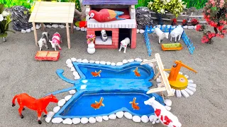 diy mini Farm Diorama with house for Cow,Pig | mini hand pumb | Supply Water Pool for animals