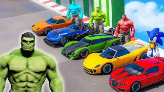 SUPERHERO HULK Iron Man Goku Racing ! SPIDERMAN CARS Monster Trucks Mega Rampa Challenge   GTA V