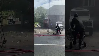 Land Rover Defender 90 Police Car filming a scene with the stunt and special effects team