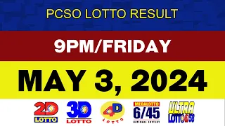 Lotto Result Today MAY 3 9pm Ez2 Swertres 2D 3D 4D 6/45 6/58 PCSO