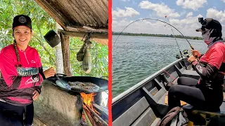 Começou a tomar linha fiquei assustada 😱 era muito forte Pescamos e fizemos peixe frito na lenha