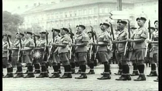 A large crowd gathers to celebrate liberation of Austria as flags of occupying na...HD Stock Footage