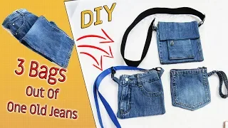 3 DIY Cute Bags Out Of One Pair Old Jeans - Recycle From Denim - Old Jeans Crafts Ideas