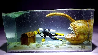 How to make Deep Sea Anglerfish and Water Diver Diorama / Polymer Clay / Epoxy resin