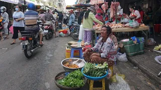 Cambodia Food Market Scene - Plenty Fresh Vegetable, Fruit, River Fish, Pork & More Beef in Market