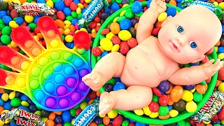 Satisfying Video l Rainbow Mixing Candy in Pool with Color Slime Balls & Magic Skittles Cutting ASMR