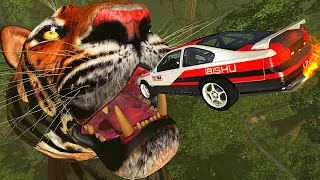 BeamNG.drive - Cars Jumping into Mouth of Tiger