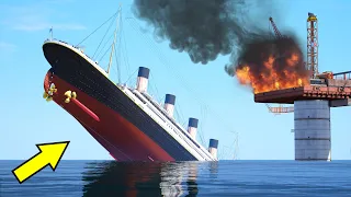 Titanic Sinking After Crashing Into Oil Rig In GTA 5 (RMS Titanic Ship)