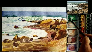 Watercolor Rocky Seashore Painting - Step-by-Step Tutorial for Beginners.