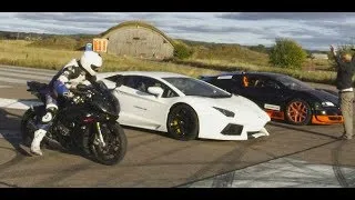 Ultra HD 4K Drag RACE Bugatti Veyron Vitesse vs Lambo Aventador vs BMW S1000RR- presented by Samsung