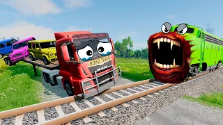 Double Flatbed Trailer Truck vs Speedbumps Train vs Cars Beamng.Drive #085