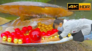 [4K HDR] The girl was lucky to receive gold and red beads from clams, it's really beautiful