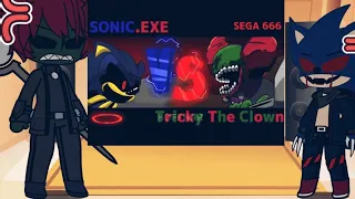MC characters and Sonic versions react to Tricky vs Sonic Exe - Gacha club reaction (cringe)