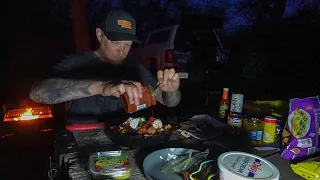 Solo Truck Camping: Cooking Spicy Pork Rind Campfire Nachos