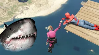 GTA 5 Epic Ragdolls | MEGALODON vs SPIDERMAN Jumps/Fails ep.54 (Funny Moments)