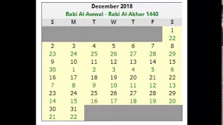 ISLAMIC CALANDAR DATES DECEMBER-2018