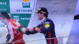 Mark Webber falls over on the podium