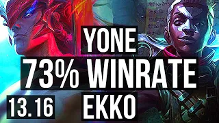 YONE vs EKKO (MID) | 14/1/6, 73% winrate, 8 solo kills, Legendary | KR Grandmaster | 13.16