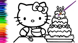 Hello Kitty making birthday cake | how to draw hello kitty and birthday cake